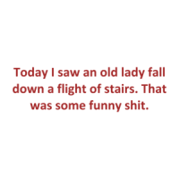 Today I saw an old lady fall down a flight of stairs. That was some funny shit. Shirt