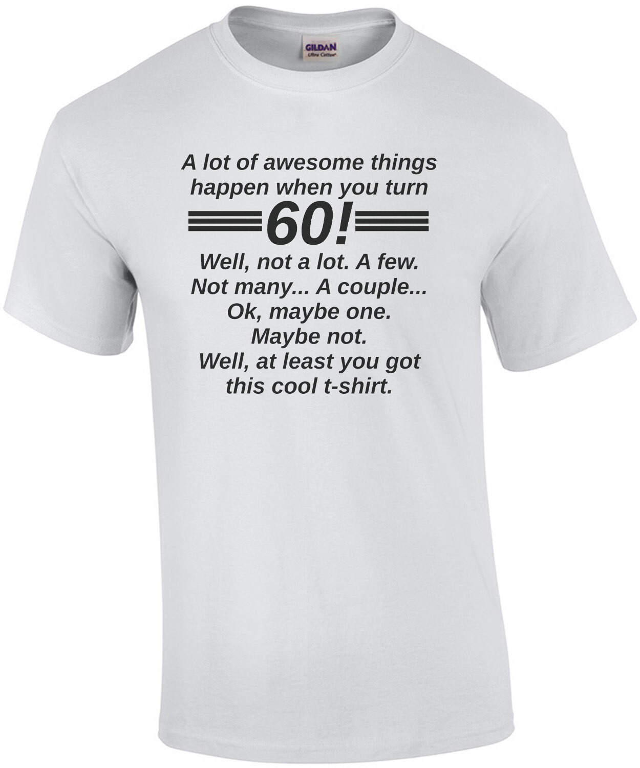 A lot of awesome things happen when you turn 60! Well, not a lot. A few. Not many... A couple... Ok, maybe one. Maybe not. Well, at least you got this cool t-shirt. 60th birthday t-shirt
