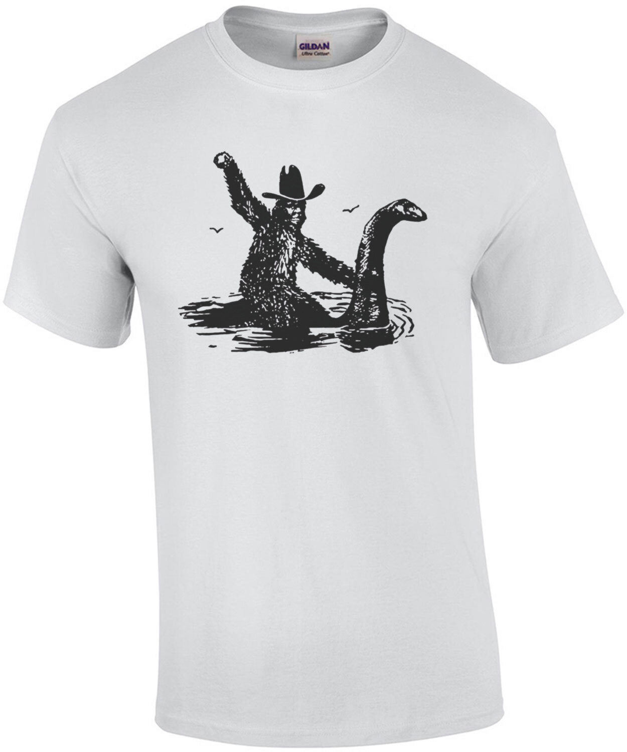 Big Foot Riding Loch Ness Monster - Funny T-Shirt