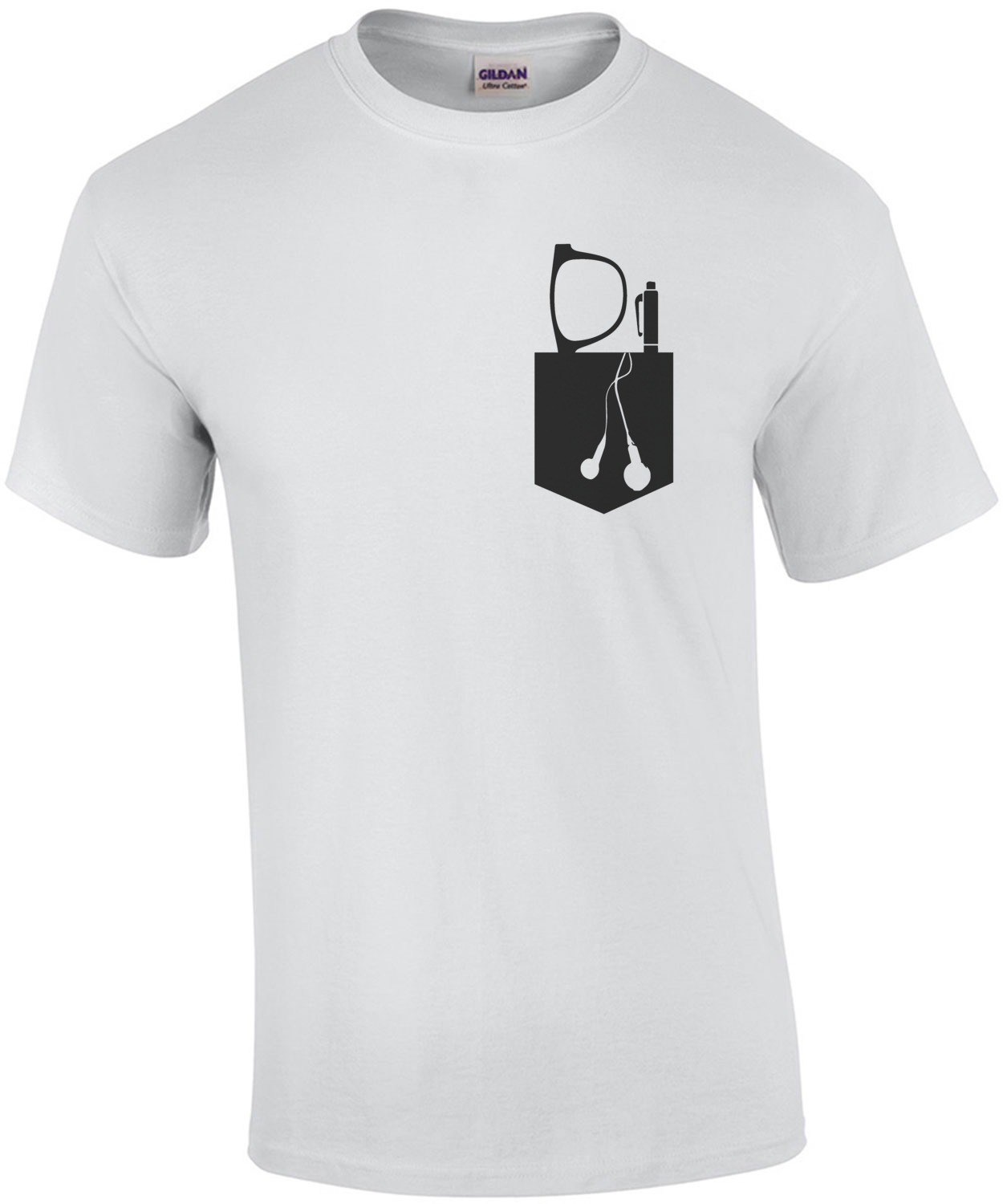 Glasses, Pen, and Ear Buds In Pocket T-Shirt