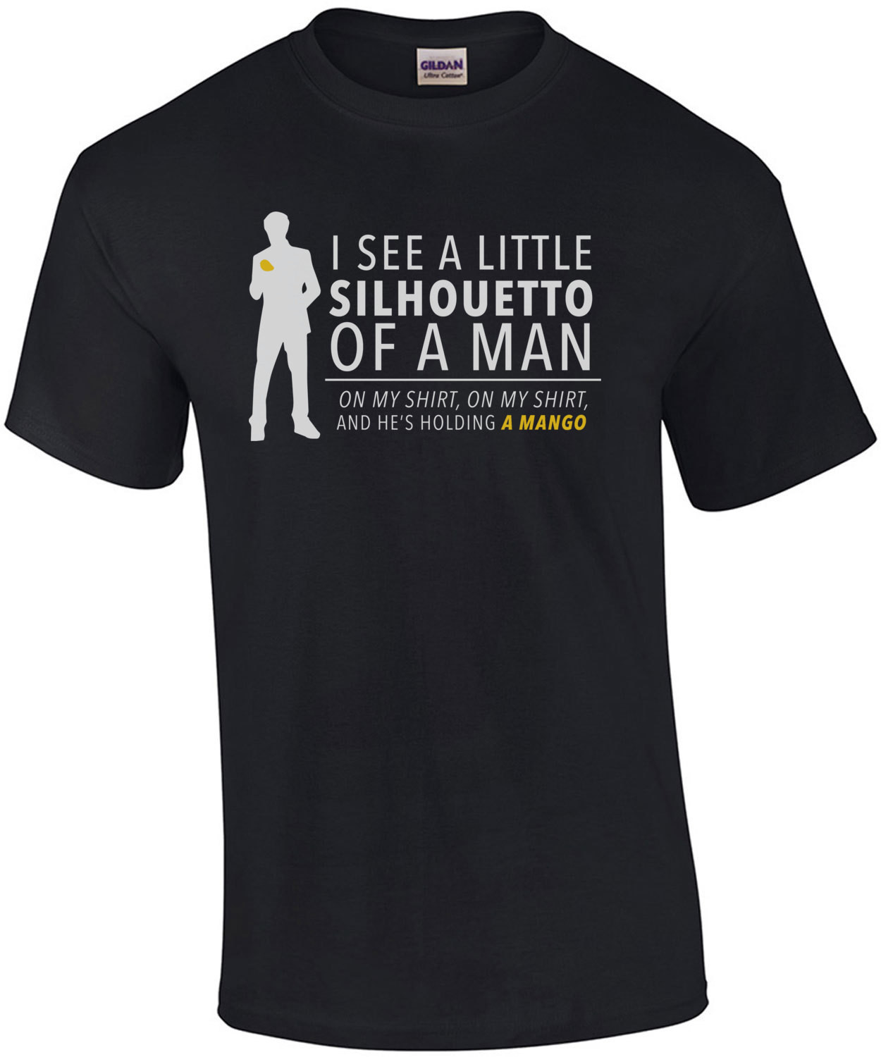 I see a little silhoutto of a man on my shirt on my shirt and he's holding a mango - funny queen Bohemian Rhapsody t-shirt