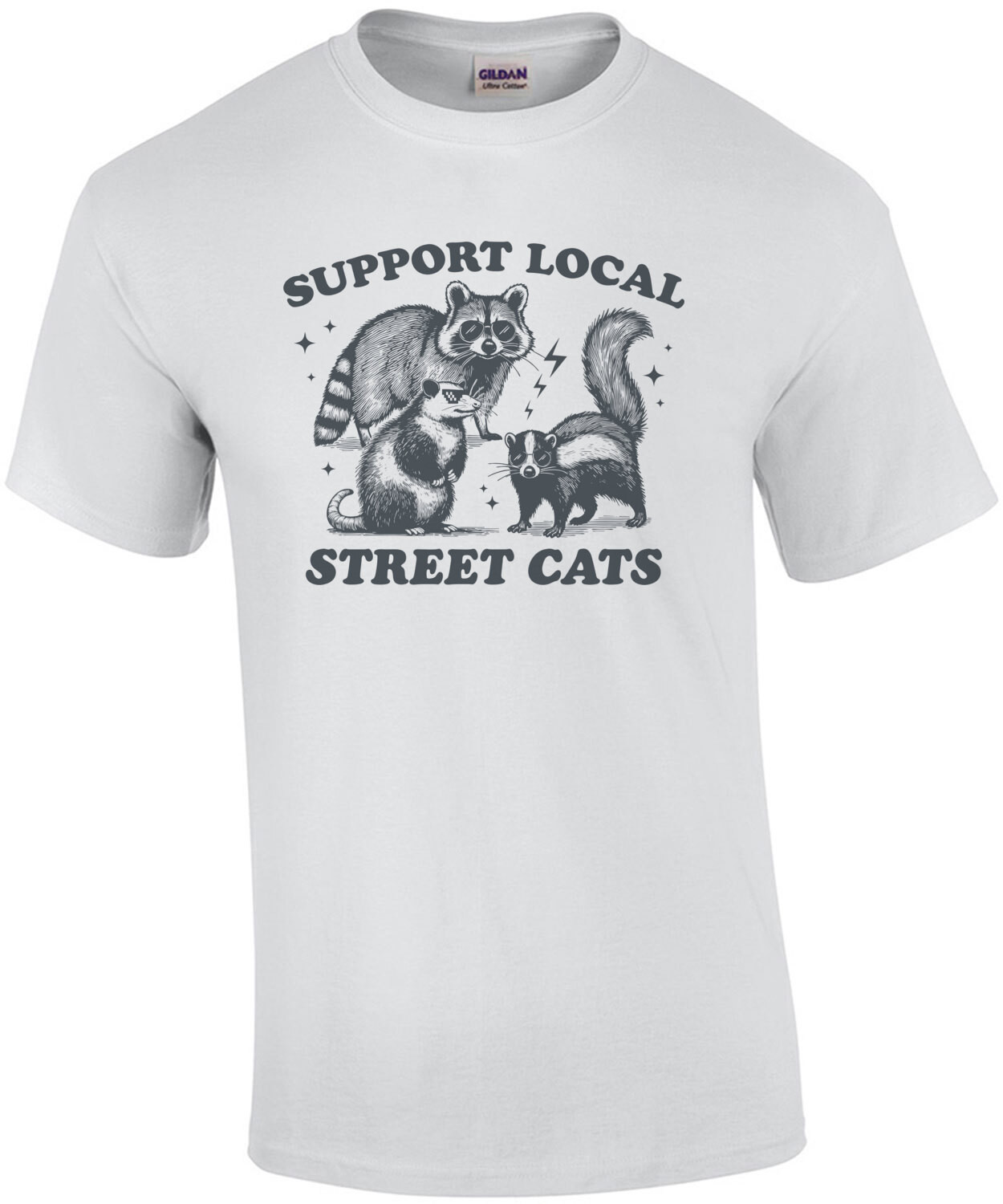 Support your local street cats t-shirt. Vintage raccoon, possum, skunk, trash panda, retro t-shirt