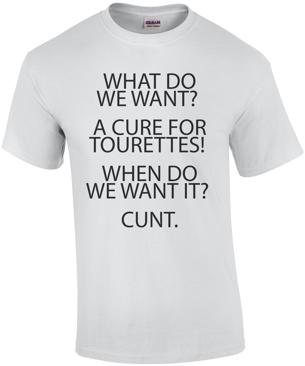 WHAT DO WE WANT? A CURE FOR TOURETTES! WHEN DO WE WANT IT? CUNT. T-Shirt