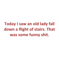 Today I saw an old lady fall down a flight of stairs. That was some funny shit. Shirt